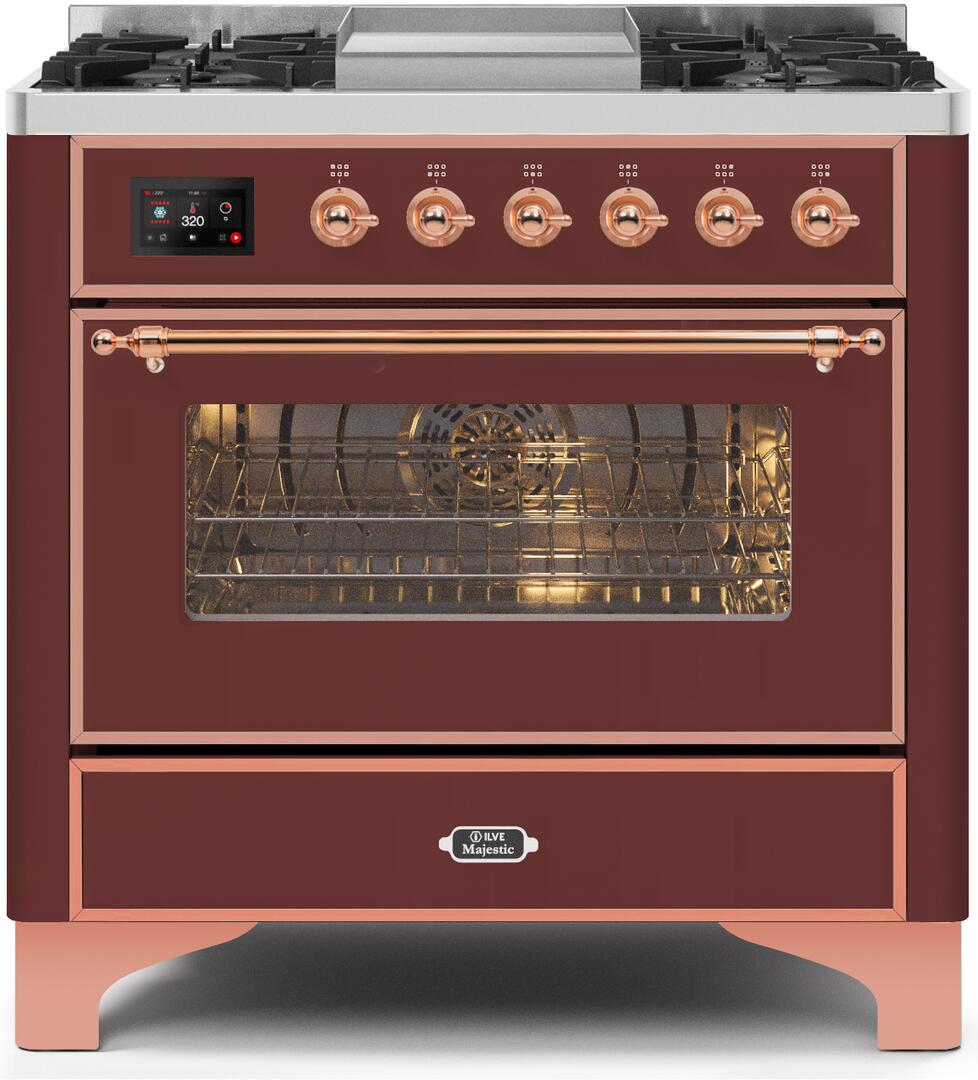 ILVE Majestic 36 Inch Dual Fuel Range Burner Top 6 Burners+Fry Top - UM09FDNS3