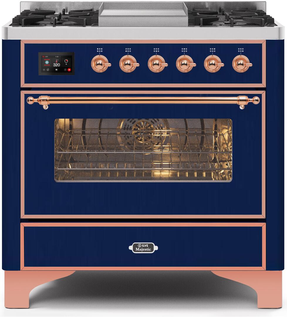 ILVE Majestic 36 Inch Dual Fuel Range Burner Top 6 Burners+Fry Top - UM09FDNS3