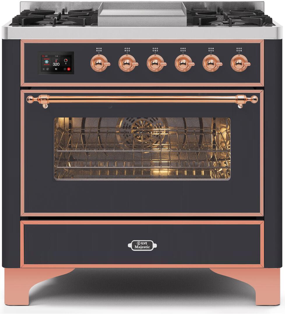 ILVE Majestic 36 Inch Dual Fuel Range Burner Top 6 Burners+Fry Top - UM09FDNS3