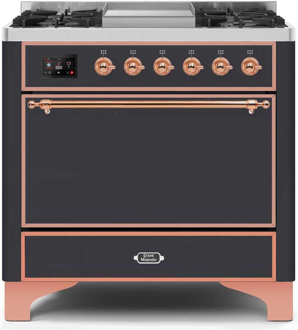 ILVE Majestic 36 Inch Dual Fuel Range Burner Top 6 Burners+Fry Top - UM09FDQNS3