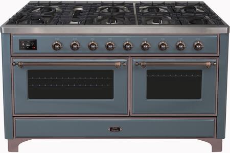 ILVE Majestic II 60 Inch Dual Fuel Range Burner Top 9 Burners+Fry Top - UM15FDNS3