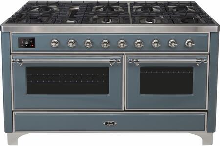 ILVE Majestic II 60 Inch Dual Fuel Range Burner Top 9 Burners+Fry Top - UM15FDNS3