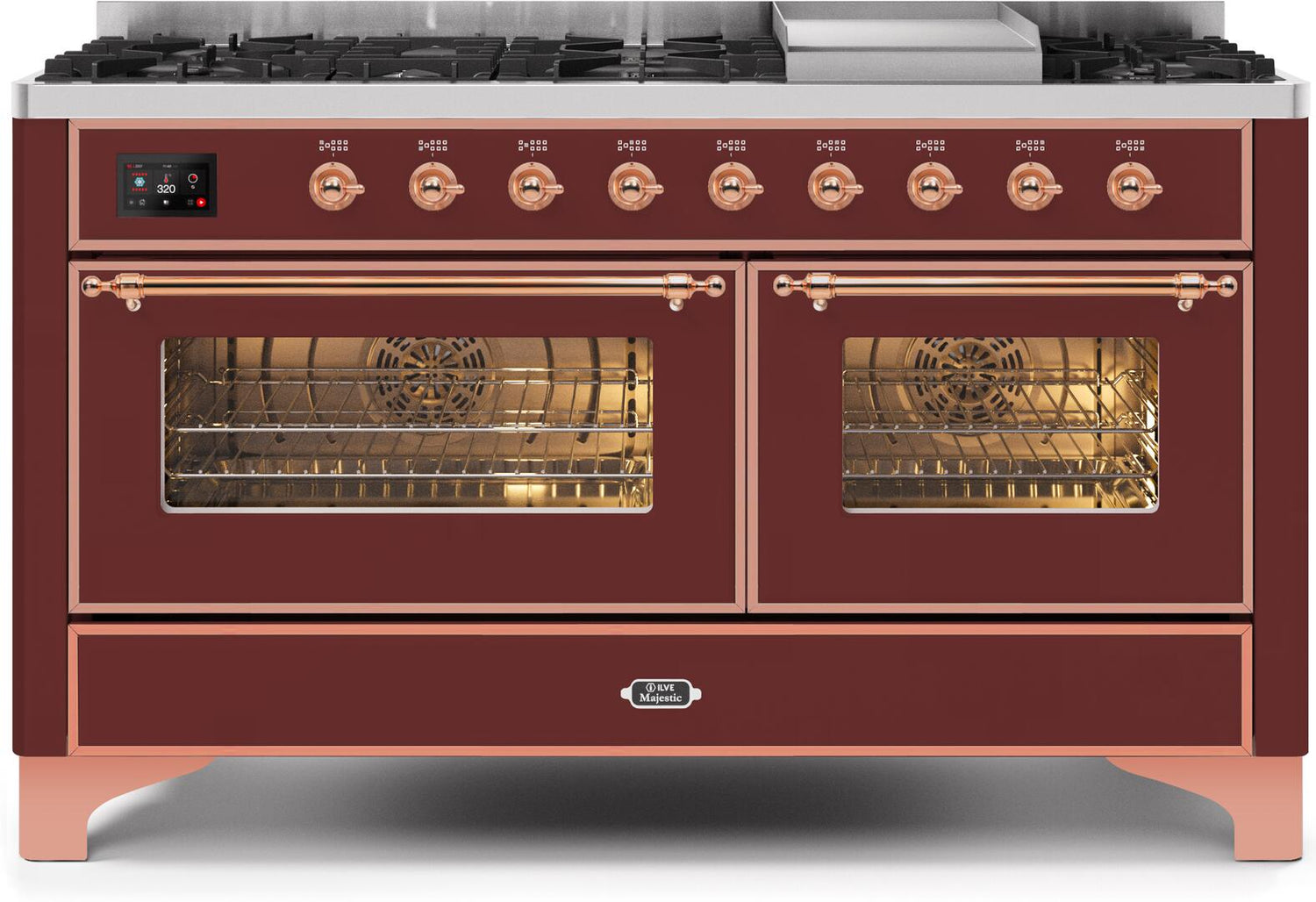 ILVE Majestic II 60 Inch Dual Fuel Range Burner Top 9 Burners+Fry Top - UM15FDNS3