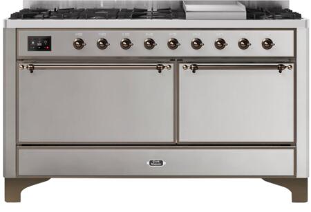 ILVE Majestic 60 Inch Dual Fuel Range Burner Top 9 Burners+Fry Top - UM15FDQNS3