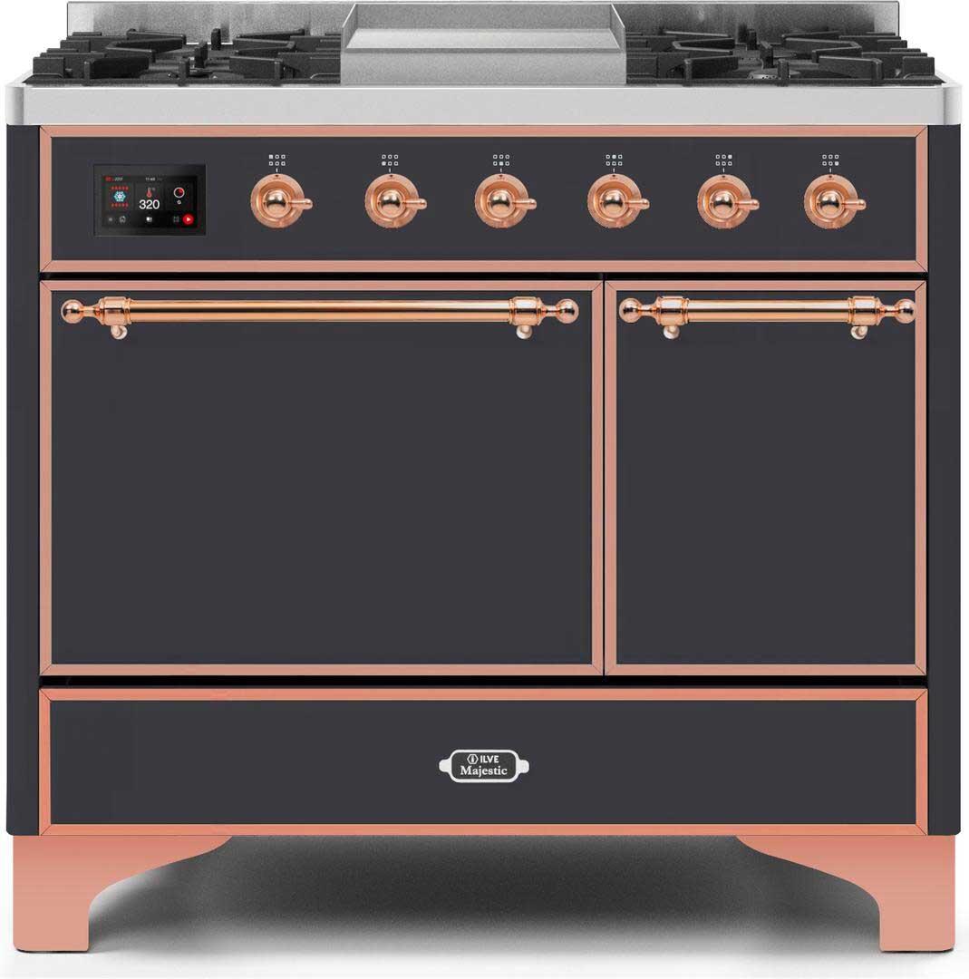 ILVE Majestic 40 Inch Dual Fuel Range Burner Top 6 Burners+Fry Top - UMD10FDQNS3