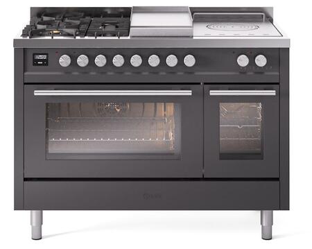 ILVE Professional Plus 48 Inch Dual Fuel Range Burner Top 5 Burners+Fry Top+Coup de Feu - UP48FSWMP