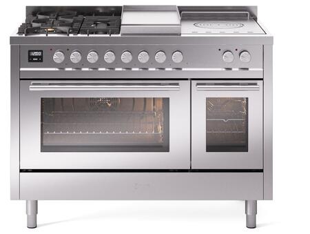 ILVE Professional Plus 48 Inch Dual Fuel Range Burner Top 5 Burners+Fry Top+Coup de Feu - UP48FSWMP