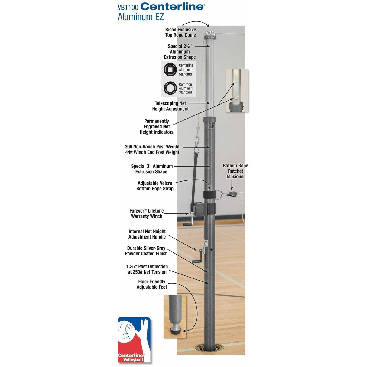 Bison 3" Centerline Aluminum EZ Complete Volleyball System VB1100