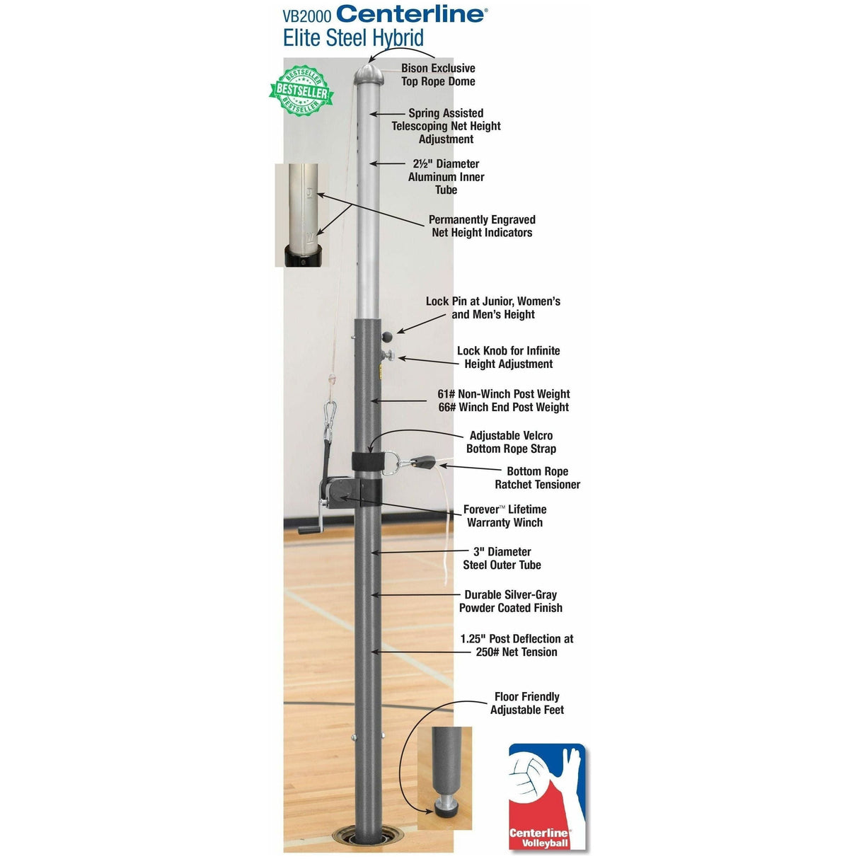 Bison 3" Centerline Elite Steel Hybrid Complete Volleyball System VB2000