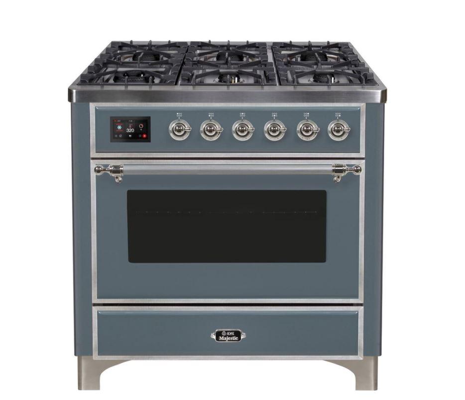 ILVE 36 Inch Majestic II Series Dual Fuel Natural Gas Range with 6 Burners and Griddle with 3.5 cu. ft. Oven Capacity TFT Oven Control Display - UM09FDNS3