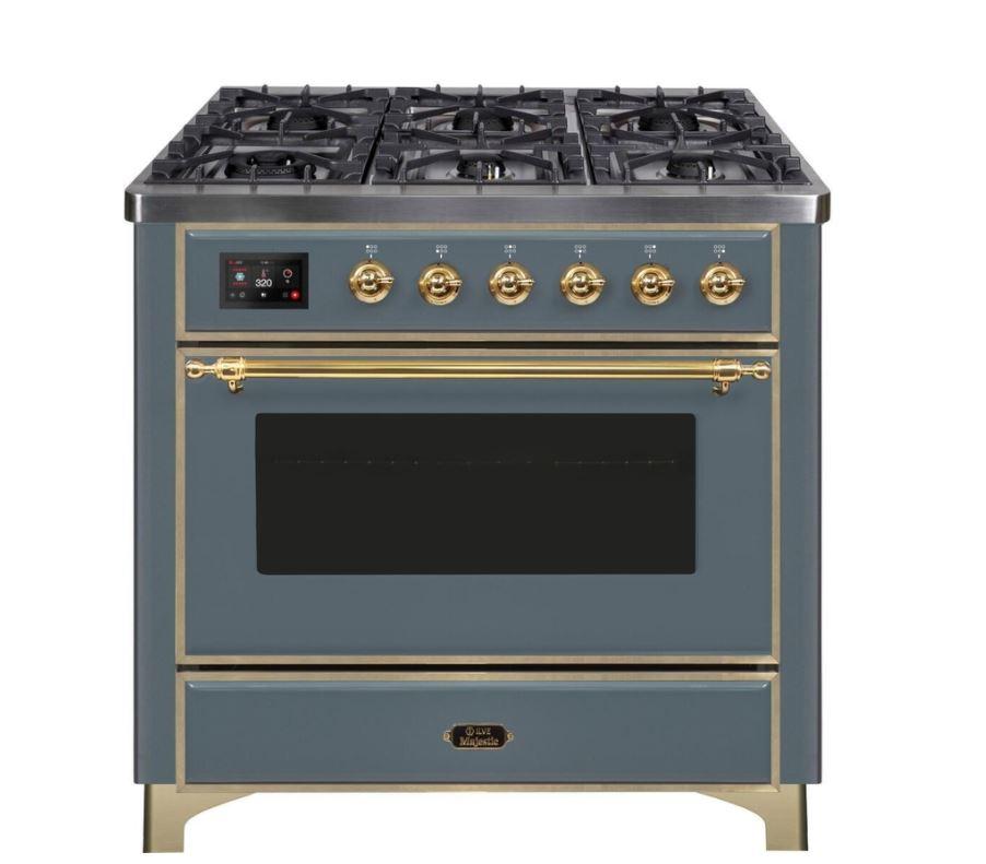 ILVE 36 Inch Majestic II Series Dual Fuel Natural Gas Range with 6 Burners and Griddle with 3.5 cu. ft. Oven Capacity TFT Oven Control Display - UM09FDNS3