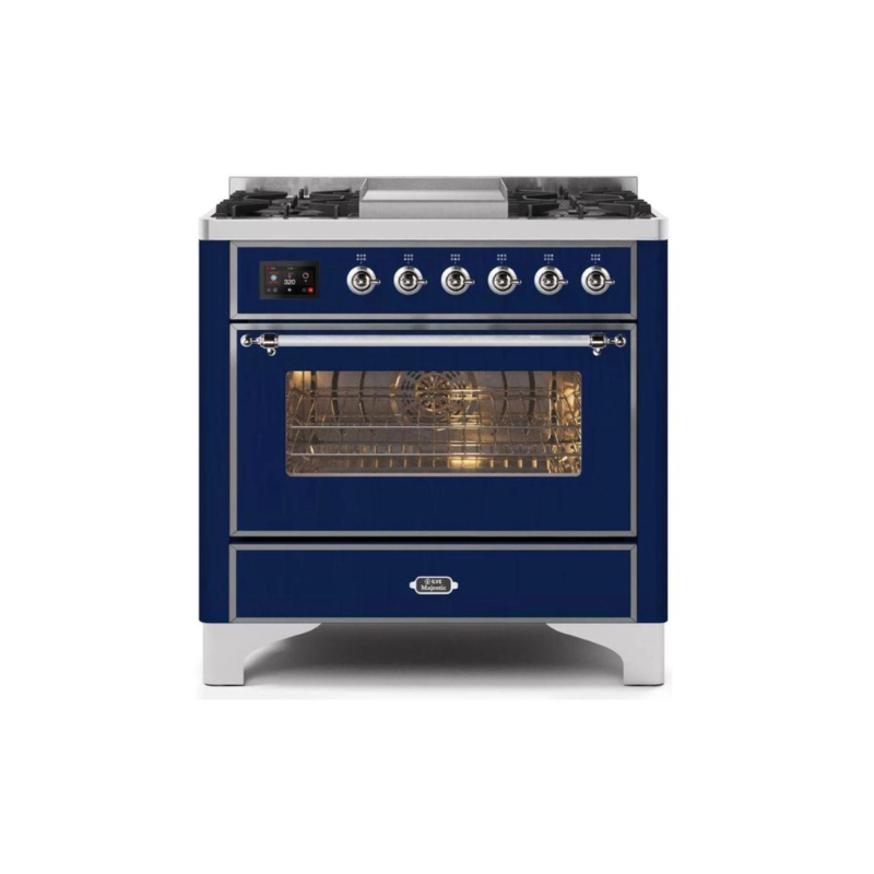 ILVE 36 Inch Majestic II Series Dual Fuel Natural Gas Range with 6 Burners and Griddle with 3.5 cu. ft. Oven Capacity TFT Oven Control Display - UM09FDNS3
