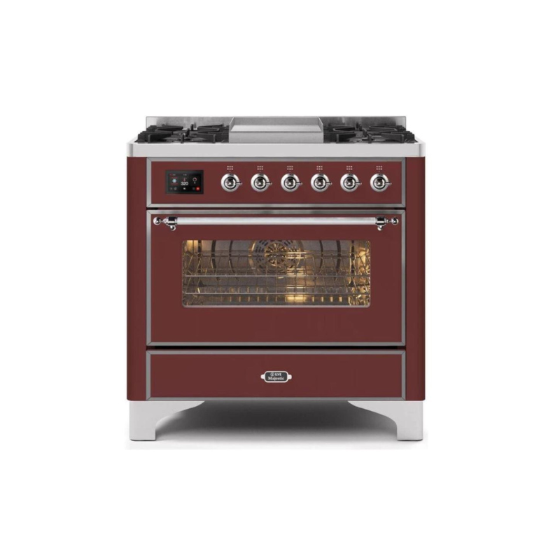 ILVE 36 Inch Majestic II Series Dual Fuel Natural Gas Range with 6 Burners and Griddle with 3.5 cu. ft. Oven Capacity TFT Oven Control Display - UM09FDNS3