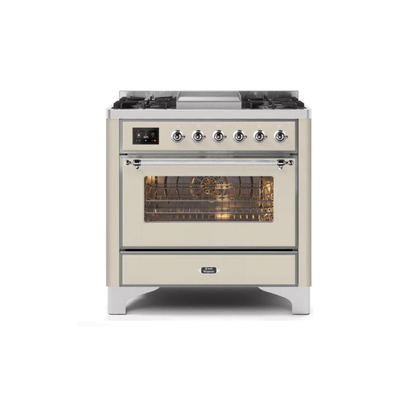ILVE 36 Inch Majestic II Series Dual Fuel Natural Gas Range with 6 Burners and Griddle with 3.5 cu. ft. Oven Capacity TFT Oven Control Display (UM09FDNS3)