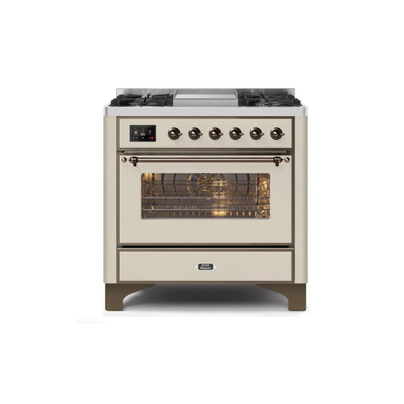 ILVE 36 Inch Majestic II Series Dual Fuel Natural Gas Range with 6 Burners and Griddle with 3.5 cu. ft. Oven Capacity TFT Oven Control Display (UM09FDNS3)