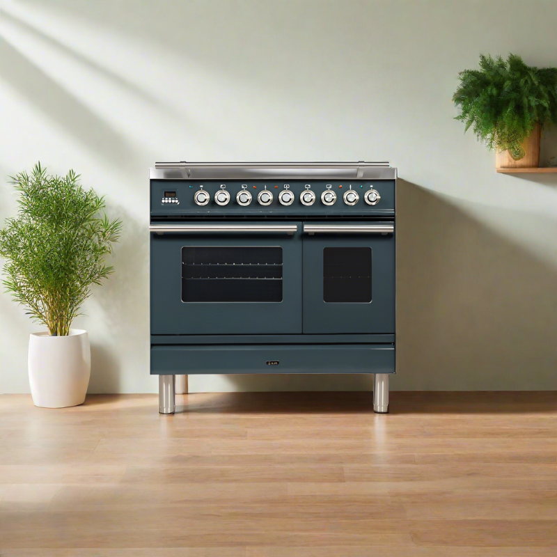 ILVE 36 Inch Professional Plus Series Freestanding Double Oven Dual Fuel Range with 5 Sealed Burners (UPDW90FDM) Chrome Trim