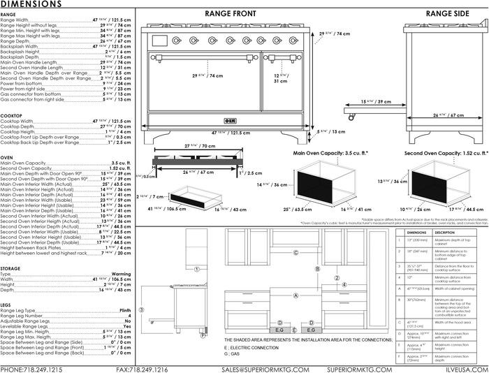 ILVE 48 Inch Majestic II Series Freestanding Dual Fuel Liquid Propane Range with 8 Sealed Brass Non Stick Coated Burners and Griddle - UM12FDQNS3