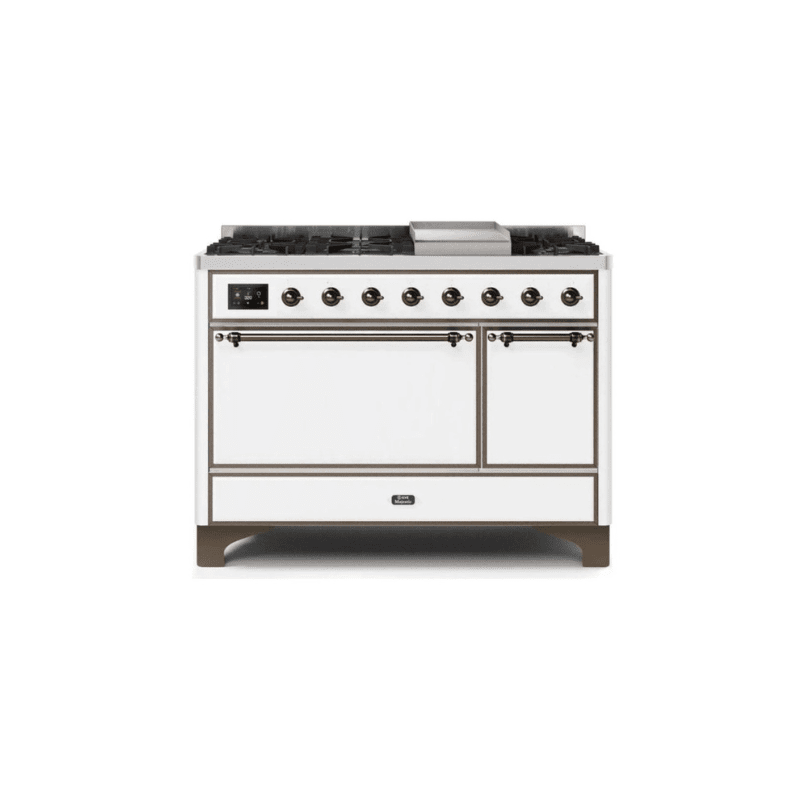 ILVE 48 Inch Majestic II Series Freestanding Dual Fuel Liquid Propane Range with 8 Sealed Brass Non Stick Coated Burners and Griddle - UM12FDQNS3