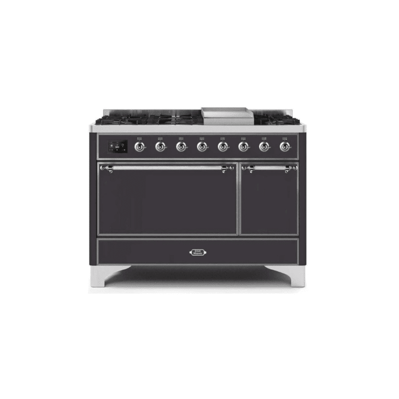 ILVE 48 Inch Majestic II Series Freestanding Dual Fuel Liquid Propane Range with 8 Sealed Brass Non Stick Coated Burners and Griddle - UM12FDQNS3
