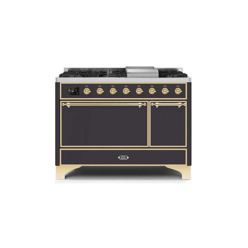 ILVE 48 Inch Majestic II Series Freestanding Dual Fuel Liquid Propane Range with 8 Sealed Brass Non Stick Coated Burners and Griddle - UM12FDQNS3