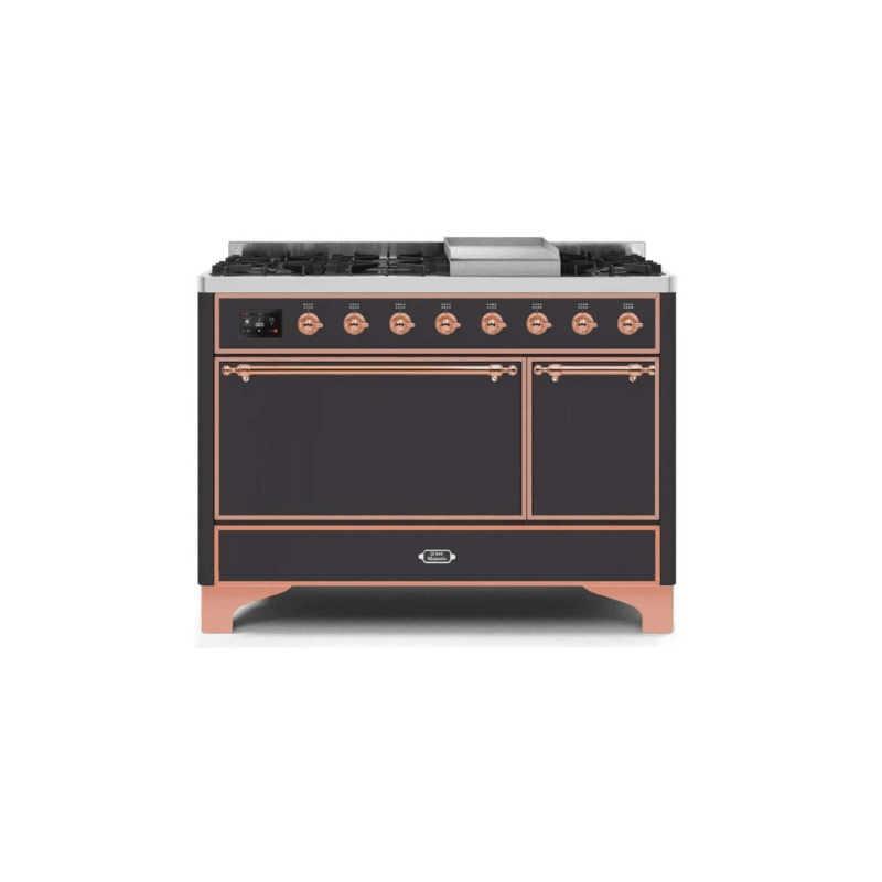 ILVE 48 Inch Majestic II Series Freestanding Dual Fuel Liquid Propane Range with 8 Sealed Brass Non Stick Coated Burners and Griddle - UM12FDQNS3