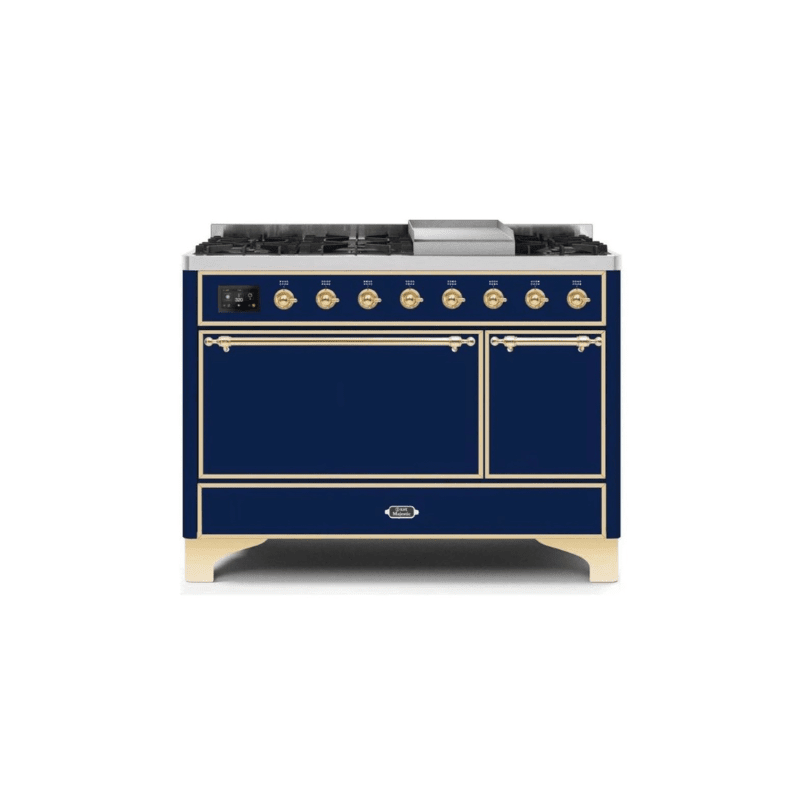 ILVE 48 Inch Majestic II Series Freestanding Dual Fuel Liquid Propane Range with 8 Sealed Brass Non Stick Coated Burners and Griddle - UM12FDQNS3