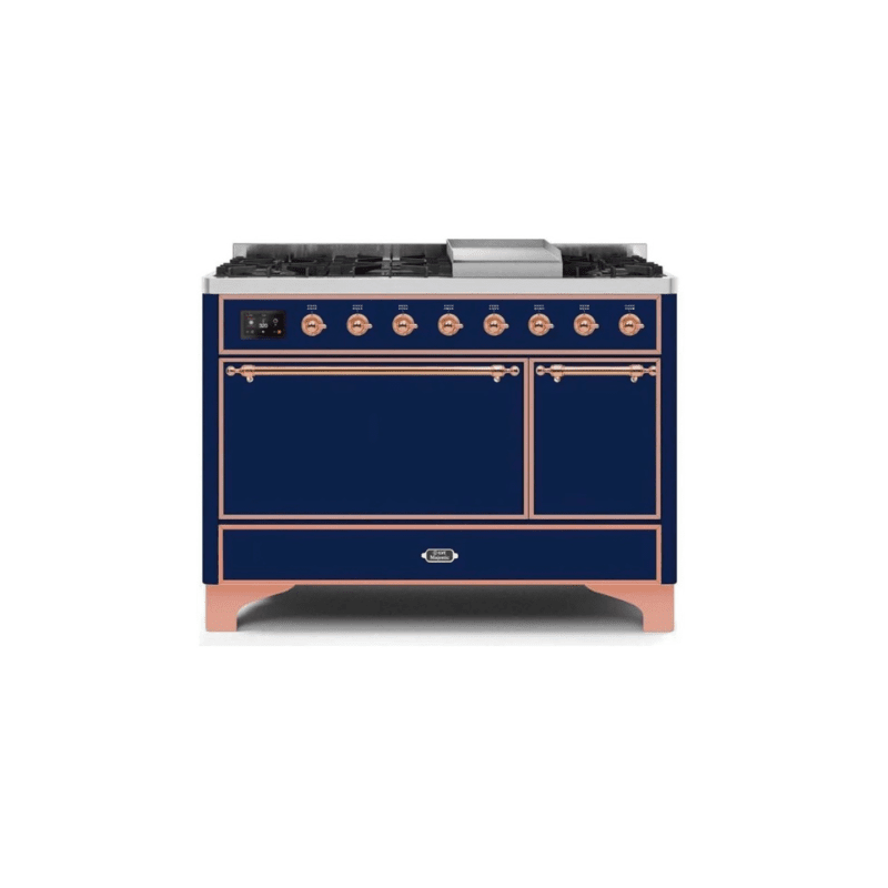 ILVE 48 Inch Majestic II Series Freestanding Dual Fuel Liquid Propane Range with 8 Sealed Brass Non Stick Coated Burners and Griddle - UM12FDQNS3