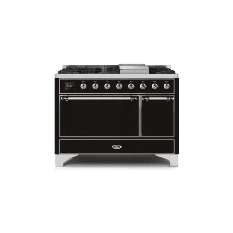 ILVE 48 Inch Majestic II Series Freestanding Dual Fuel Liquid Propane Range with 8 Sealed Brass Non Stick Coated Burners and Griddle - UM12FDQNS3