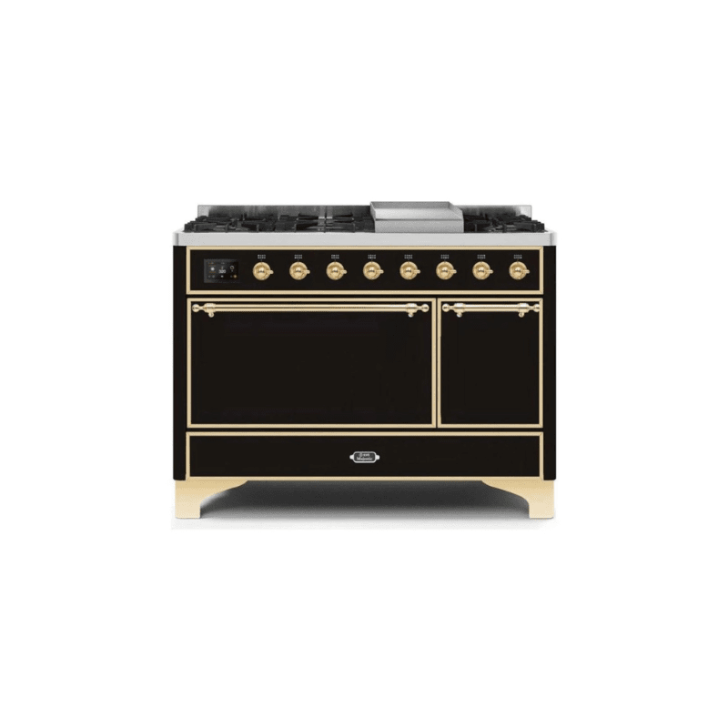 ILVE 48 Inch Majestic II Series Freestanding Dual Fuel Liquid Propane Range with 8 Sealed Brass Non Stick Coated Burners and Griddle - UM12FDQNS3