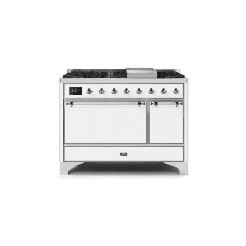 ILVE 48 Inch Majestic II Series Freestanding Dual Fuel Liquid Propane Range with 8 Sealed Brass Non Stick Coated Burners and Griddle - UM12FDQNS3