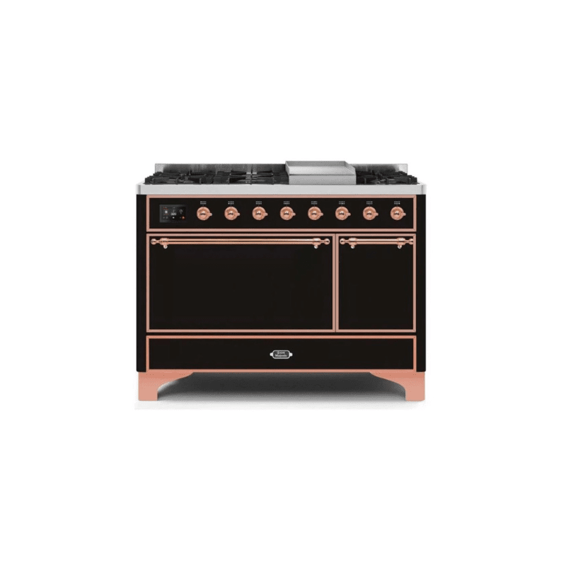 ILVE 48 Inch Majestic II Series Freestanding Dual Fuel Liquid Propane Range with 8 Sealed Brass Non Stick Coated Burners and Griddle - UM12FDQNS3