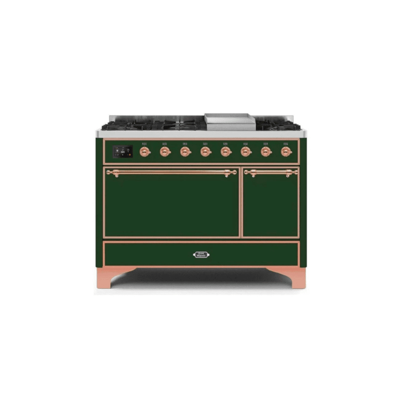 ILVE 48 Inch Majestic II Series Freestanding Dual Fuel Liquid Propane Range with 8 Sealed Brass Non Stick Coated Burners and Griddle - UM12FDQNS3