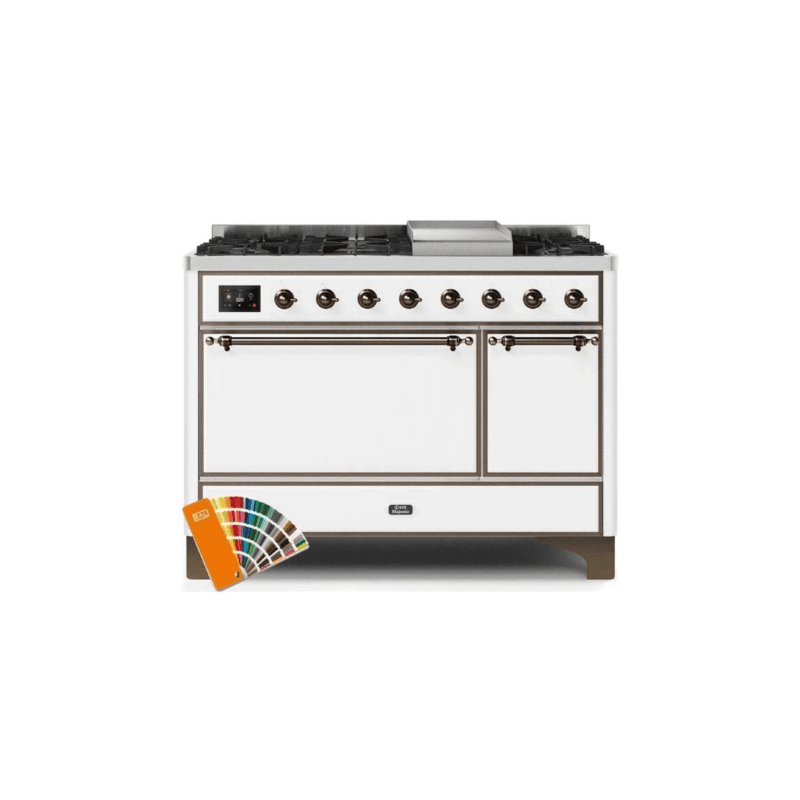 ILVE 48 Inch Majestic II Series Freestanding Dual Fuel Liquid Propane Range with 8 Sealed Brass Non Stick Coated Burners and Griddle - UM12FDQNS3