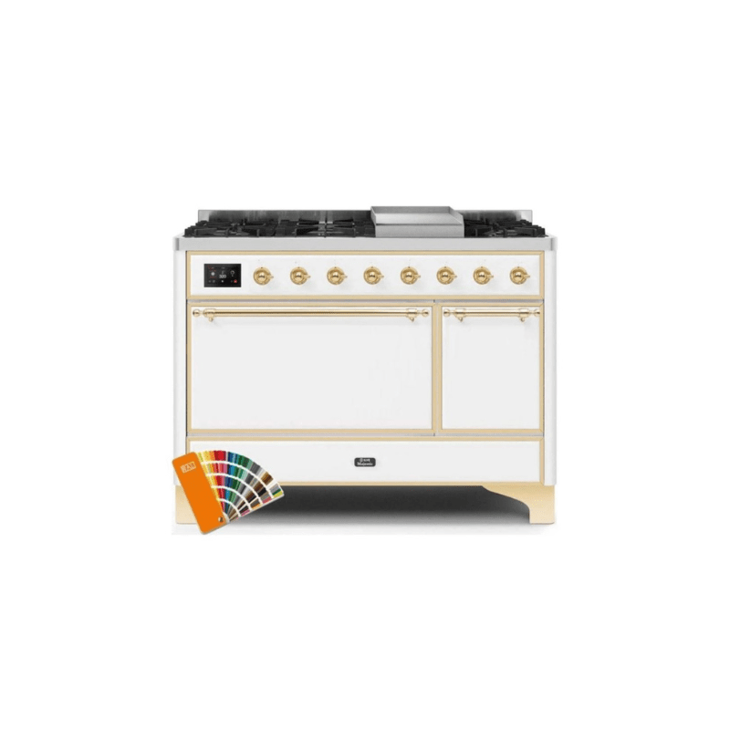 ILVE 48 Inch Majestic II Series Freestanding Dual Fuel Liquid Propane Range with 8 Sealed Brass Non Stick Coated Burners and Griddle - UM12FDQNS3