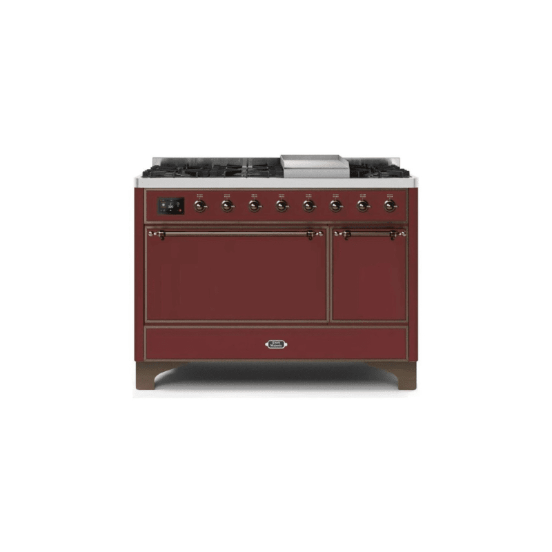ILVE 48 Inch Majestic II Series Freestanding Dual Fuel Liquid Propane Range with 8 Sealed Brass Non Stick Coated Burners and Griddle - UM12FDQNS3