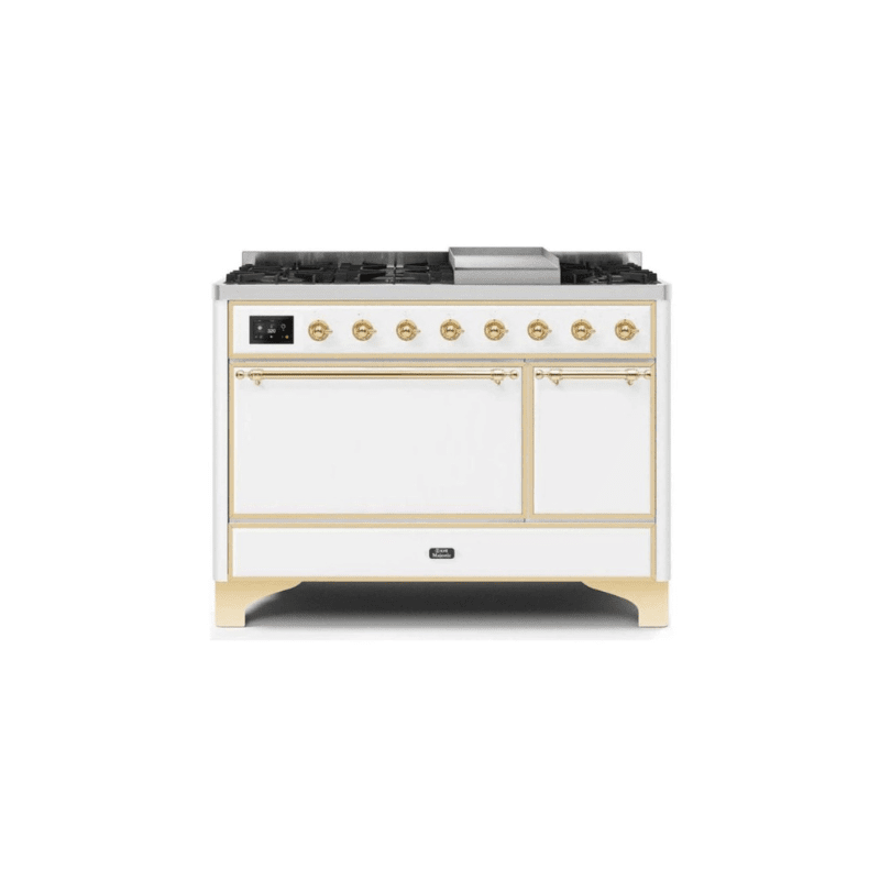 ILVE 48 Inch Majestic II Series Freestanding Dual Fuel Liquid Propane Range with 8 Sealed Brass Non Stick Coated Burners and Griddle - UM12FDQNS3