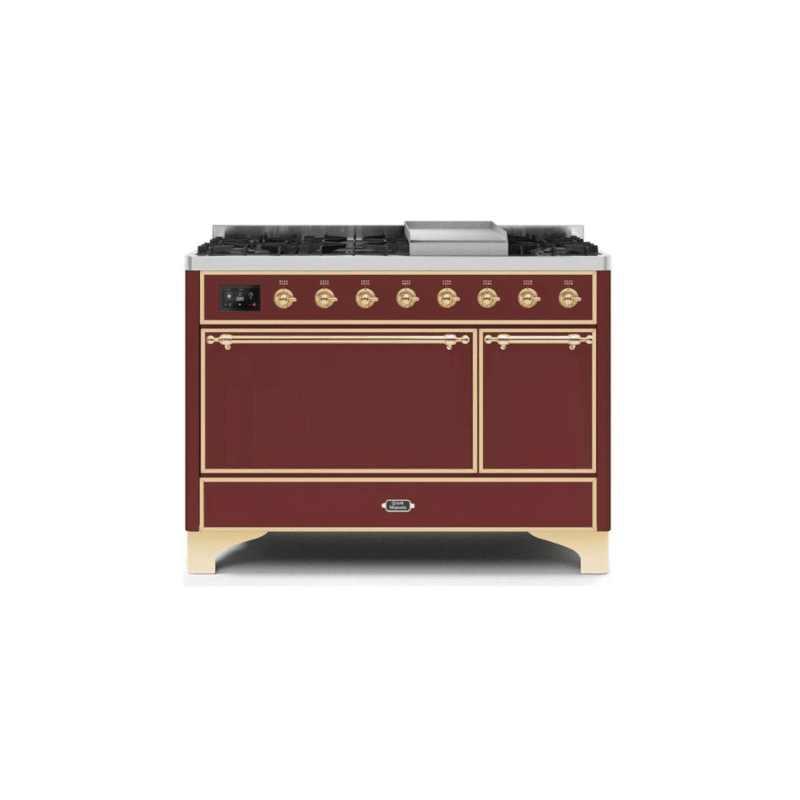 ILVE 48 Inch Majestic II Series Freestanding Dual Fuel Liquid Propane Range with 8 Sealed Brass Non Stick Coated Burners and Griddle - UM12FDQNS3