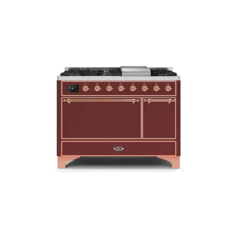 ILVE 48 Inch Majestic II Series Freestanding Dual Fuel Liquid Propane Range with 8 Sealed Brass Non Stick Coated Burners and Griddle - UM12FDQNS3