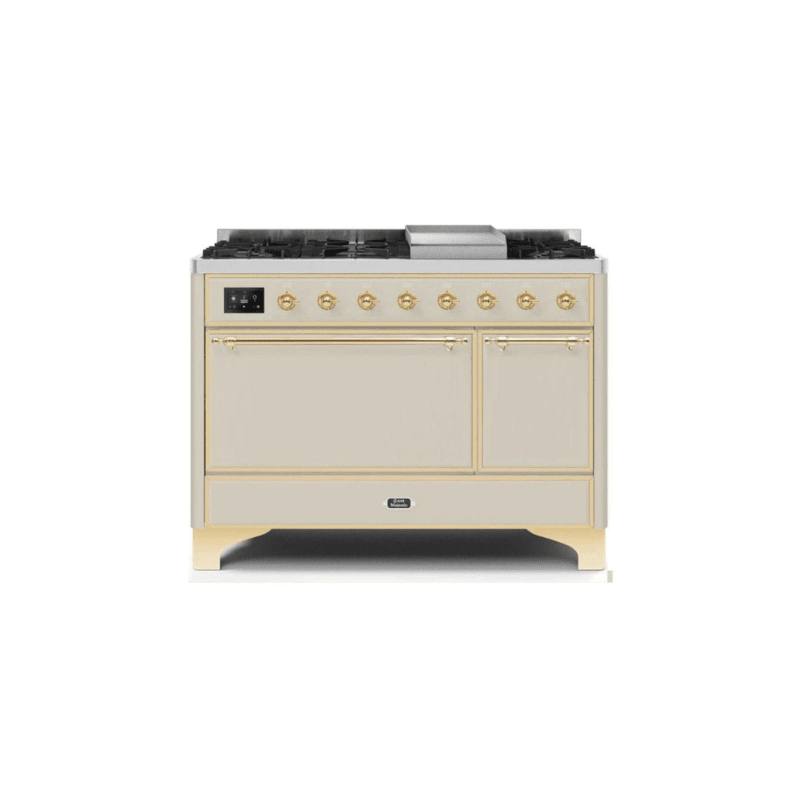 ILVE 48 Inch Majestic II Series Freestanding Dual Fuel Liquid Propane Range with 8 Sealed Brass Non Stick Coated Burners and Griddle - UM12FDQNS3
