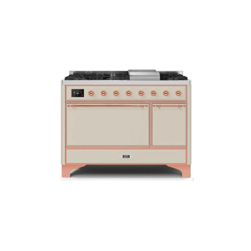 ILVE 48 Inch Majestic II Series Freestanding Dual Fuel Liquid Propane Range with 8 Sealed Brass Non Stick Coated Burners and Griddle - UM12FDQNS3