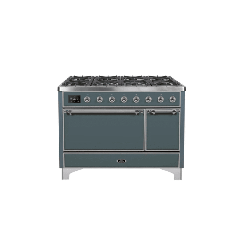 ILVE 48 Inch Majestic II Series Freestanding Dual Fuel Liquid Propane Range with 8 Sealed Brass Non Stick Coated Burners and Griddle - UM12FDQNS3