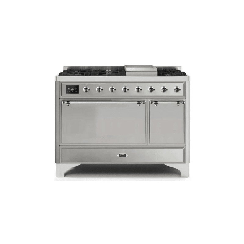 ILVE 48 Inch Majestic II Series Freestanding Dual Fuel Liquid Propane Range with 8 Sealed Brass Non Stick Coated Burners and Griddle - UM12FDQNS3