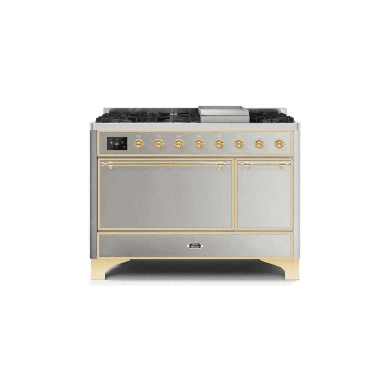 ILVE 48 Inch Majestic II Series Freestanding Dual Fuel Liquid Propane Range with 8 Sealed Brass Non Stick Coated Burners and Griddle - UM12FDQNS3