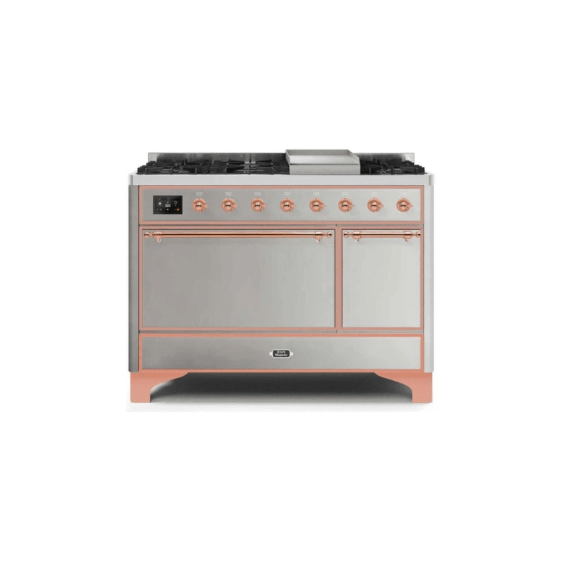 ILVE 48 Inch Majestic II Series Freestanding Dual Fuel Liquid Propane Range with 8 Sealed Brass Non Stick Coated Burners and Griddle - UM12FDQNS3