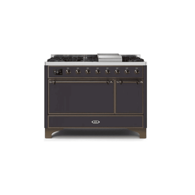 ILVE 48 Inch Majestic II Series Freestanding Dual Fuel Liquid Propane Range with 8 Sealed Brass Non Stick Coated Burners and Griddle - UM12FDQNS3