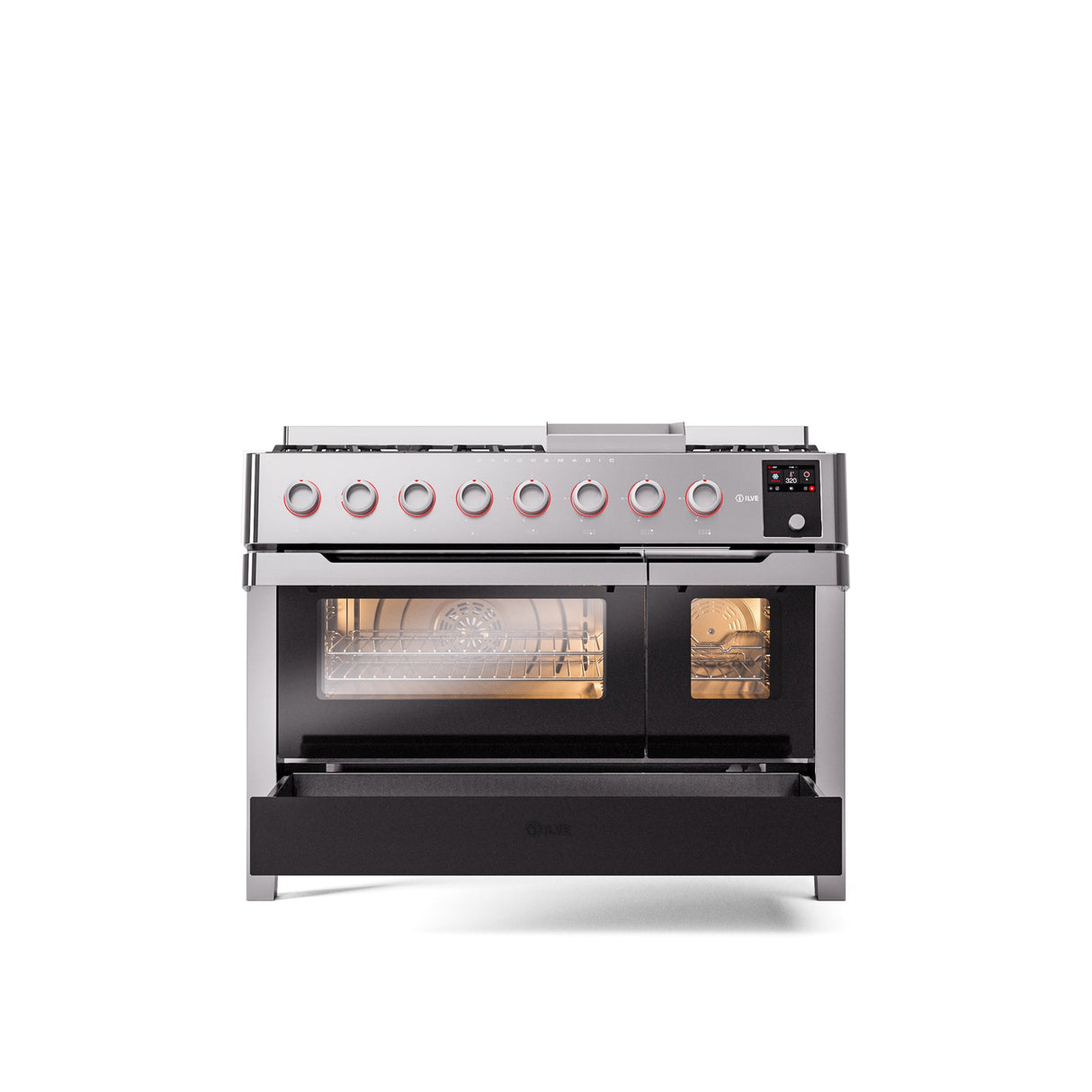 ILVE 48" Panoramagic Series Freestanding Double Oven Dual Fuel Range with 8 Sealed Burners and Griddle UPM12FDS3