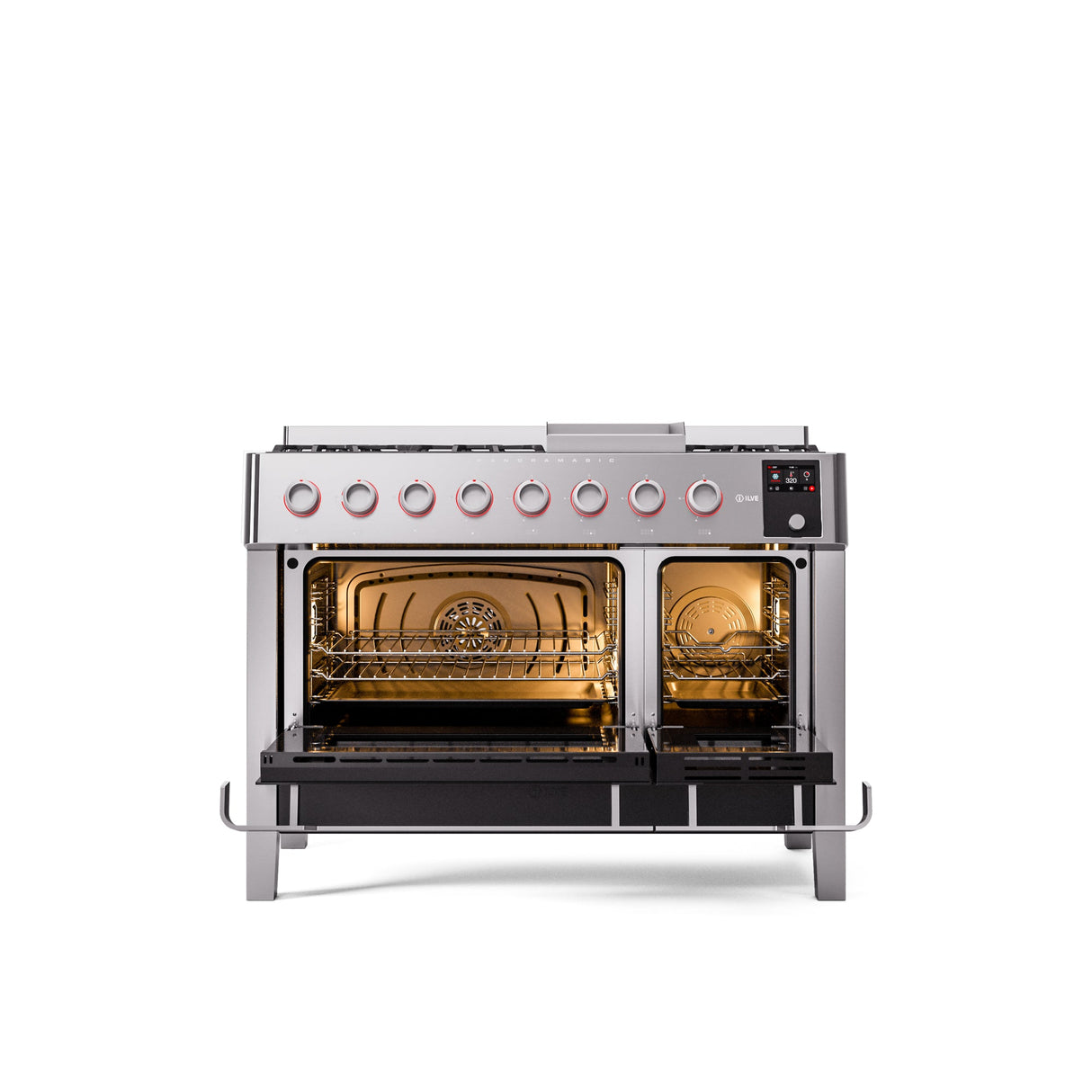 ILVE 48" Panoramagic Series Freestanding Double Oven Dual Fuel Range with 8 Sealed Burners and Griddle - UPM12FDS3SS
