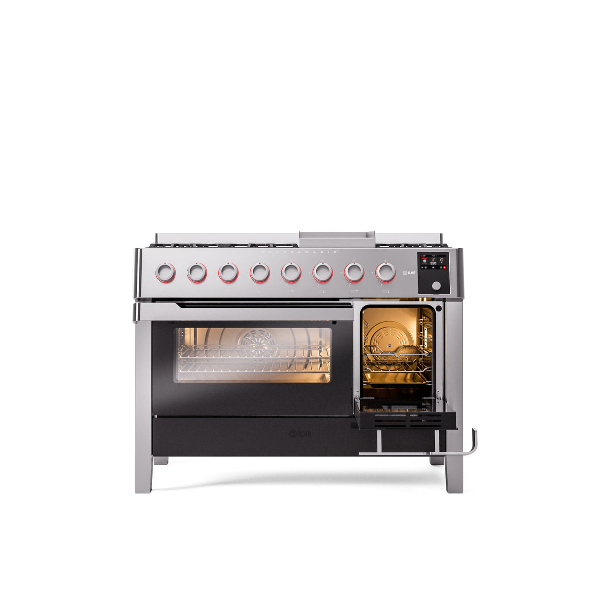 ILVE 48" Panoramagic Series Freestanding Double Oven Dual Fuel Range with 8 Sealed Burners and Griddle - UPM12FDS3SS