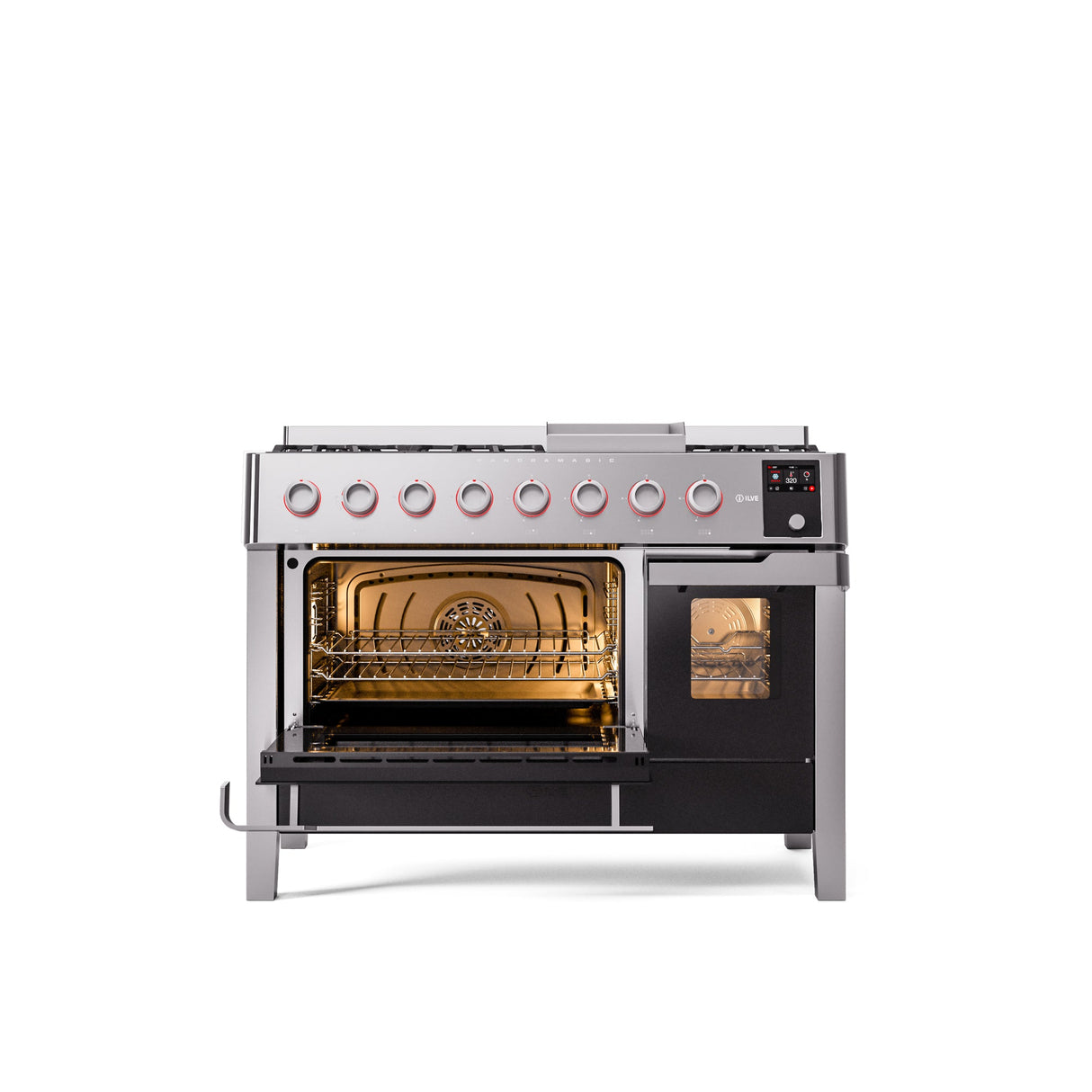 ILVE 48" Panoramagic Series Freestanding Double Oven Dual Fuel Range with 8 Sealed Burners and Griddle - UPM12FDS3SS
