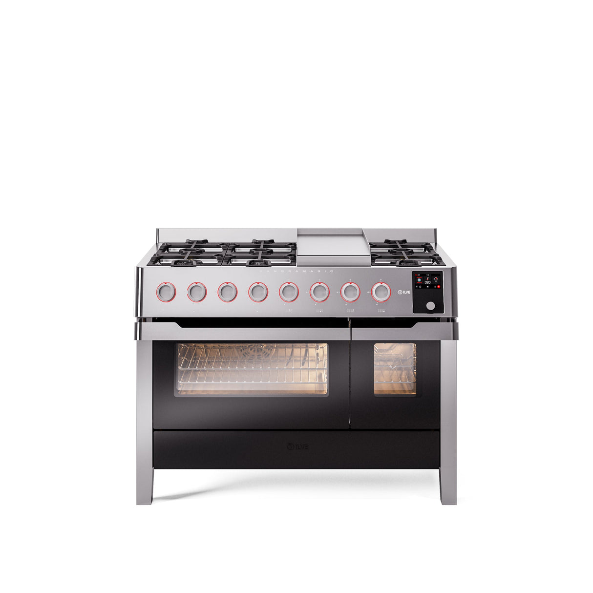 ILVE 48" Panoramagic Series Freestanding Double Oven Dual Fuel Range with 8 Sealed Burners and Griddle UPM12FDS3